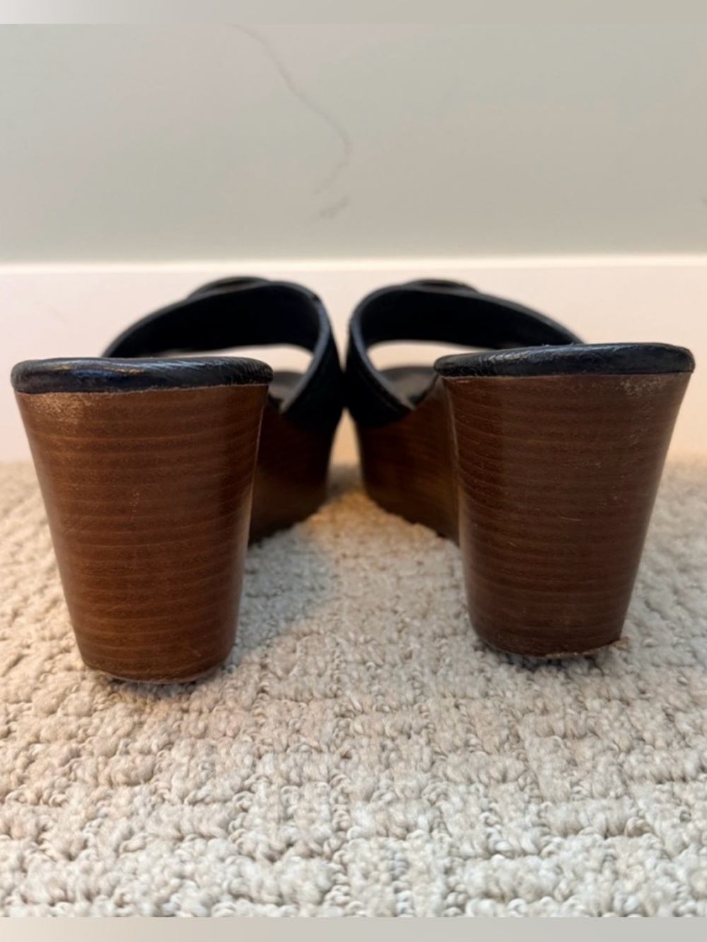 Black Leather Platform Slide Wedges with Gold TB Medallion - Picture 5 of 6